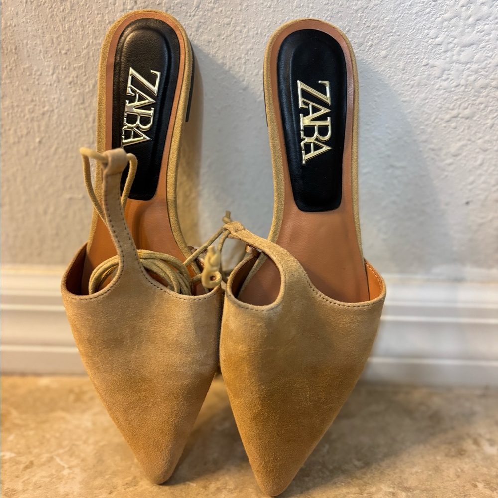Zara Tan Pointed Toe Flats with Ankle Wrap - Picture 5 of 9